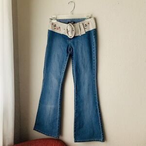 Y2K Super Low Rise Flare Leg Blue Denim Wide Belted Western Cowgirl Jeans Sz 5